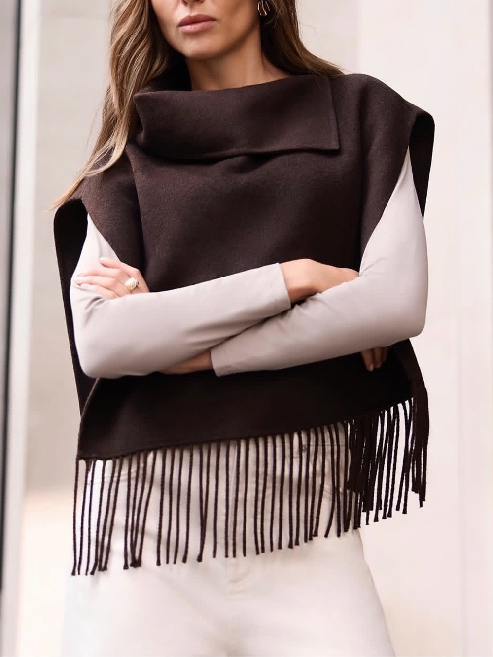 NWT Camila Coelho Dark Brown Fringe Wrap Scarf / Cape Poncho - One Size